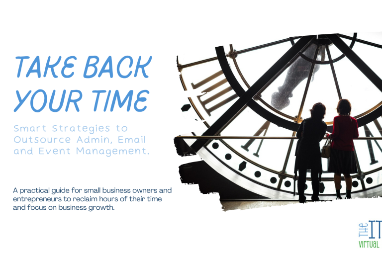 Take Back Your Time Two people standing by a large clock, contemplating time management strategies.