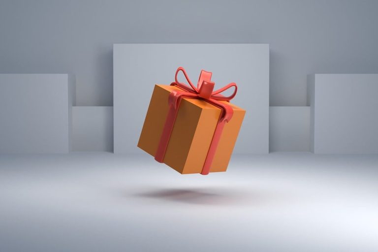 Choose the Perfect Giveaways A floating orange gift box with a red ribbon against a minimalist grey background.