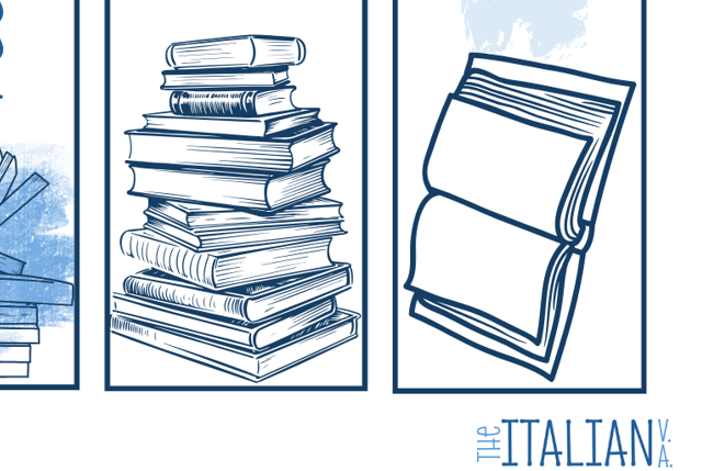 Summer Reading - Free Bookmarks A stack of books with a slightly open book beside it, illustrated in blue outline.